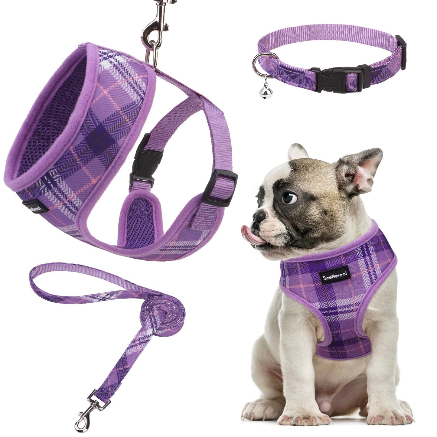 SCENEREAL No Pull Dog Harness Collar and Leash Set Small Medium Sized Dog Soft Mesh Step in Puppy Harnesses No Chock Plaid Adjustible Pet Vest for Outdoor Walking Training and Running Purple M