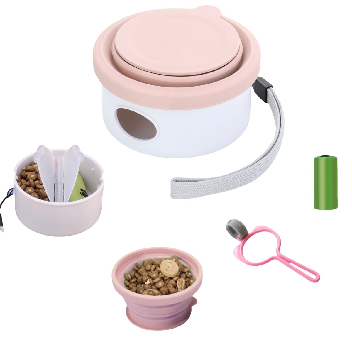 QMEAKMONY Dog Poop Bag Holder Multifunctional Dog Poop Bag Dispenser Portable and Convenient Dog Waste Bag Holder with Food Storage Bin and Collapsible Bowl for Travel