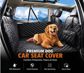 Golden Retriever sitting on a black quilted rear-seat hammock