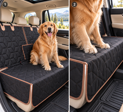 Golden Retriever on a black and tan rear-seat cover with paw close-up