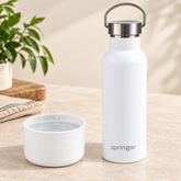 White water bottle with metal carry handle and matching bowl