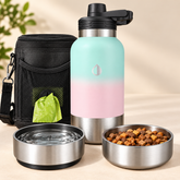 Pastel dog travel bottle with steel bowls and carrying pouch