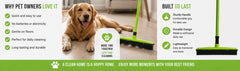 Pet hair broom shown with owner and dog