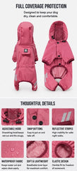 Front and back views of a pink dog raincoat with construction details