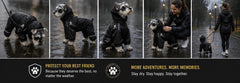 Black dog raincoat shown during a rainy walk