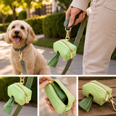 Green corduroy bag holder hanging beside an owner's leg