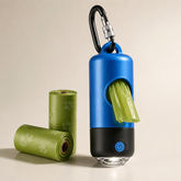 Blue dog poo bag dispenser with light, carabiner and green bags