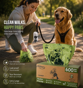 Owner holding green waste bags beside a 600-bag box