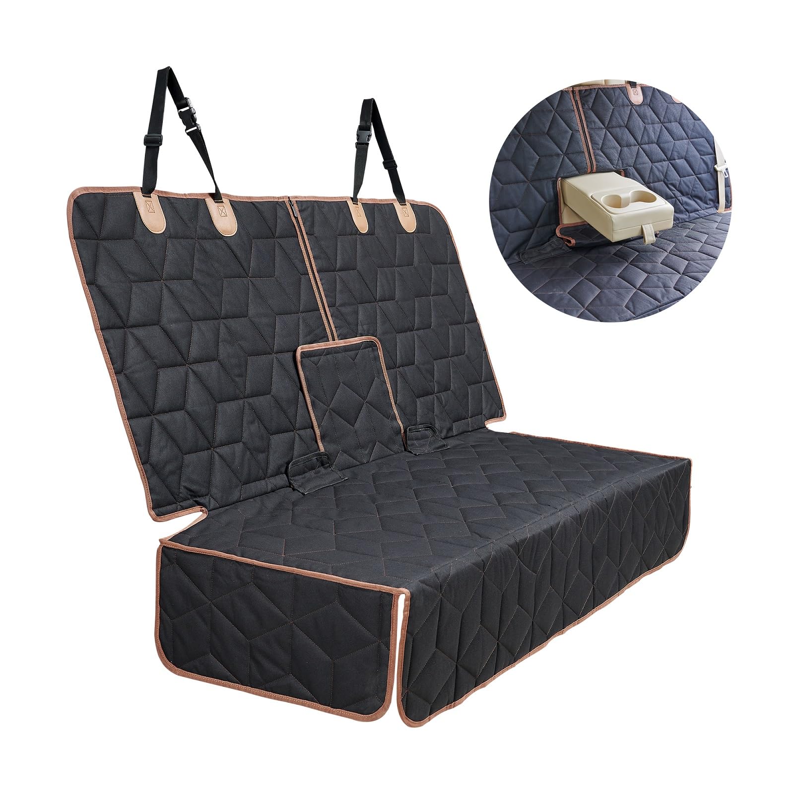 Black rear-seat cover with tan trim, straps and centre opening