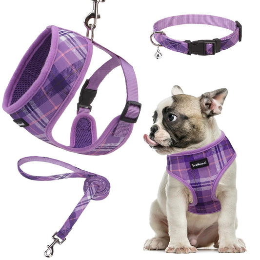 SCENEREAL No Pull Dog Harness Collar and Leash Set Small Medium Sized Dog Soft Mesh Step in Puppy Harnesses No Chock Plaid Adjustible Pet Vest for Outdoor Walking Training and Running Purple M