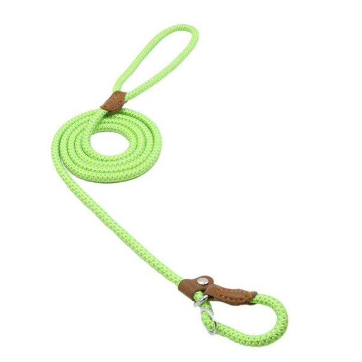 Lime green rope dog lead coiled with loop handle and collar attachment
