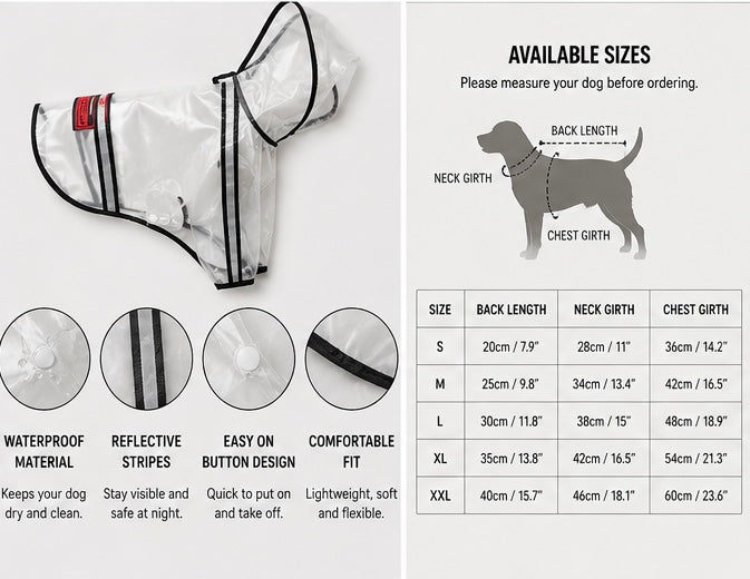 Transparent dog raincoat with fabric details and size chart