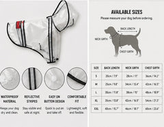 Transparent dog raincoat with fabric details and size chart