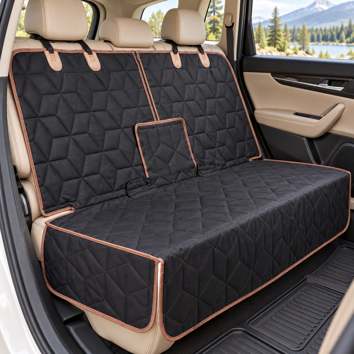 Black quilted dog seat cover fitted across a beige rear seat