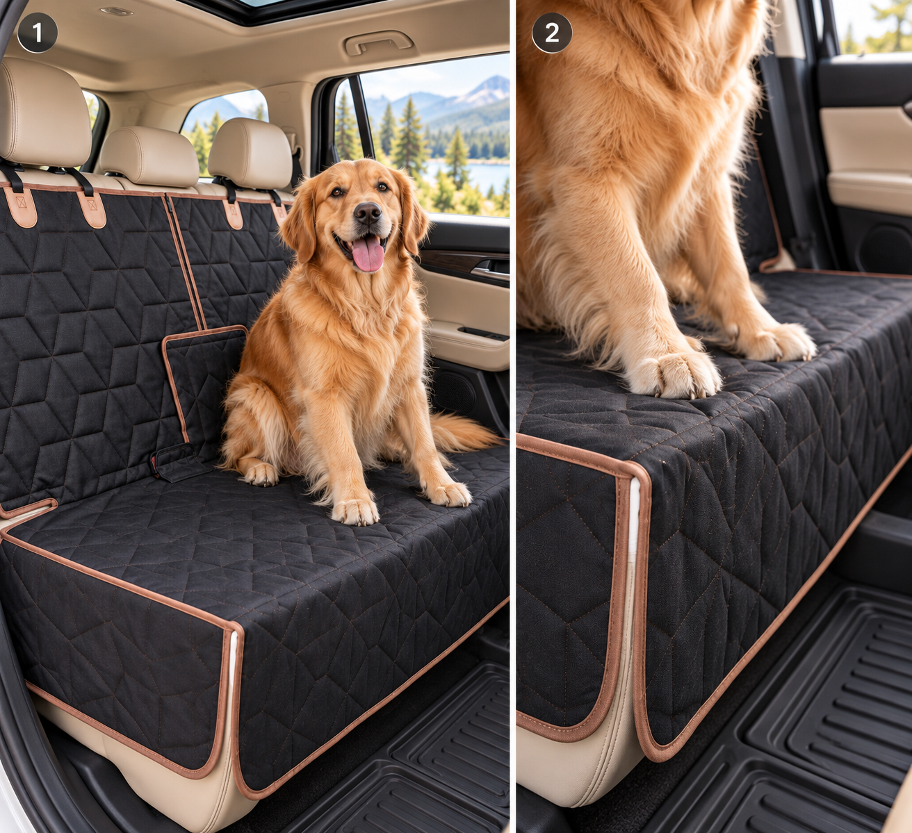Golden Retriever on a black and tan rear-seat cover with paw close-up