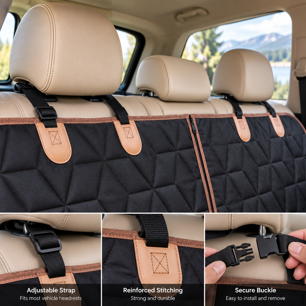 Headrest straps on a black rear-seat cover with tan trim