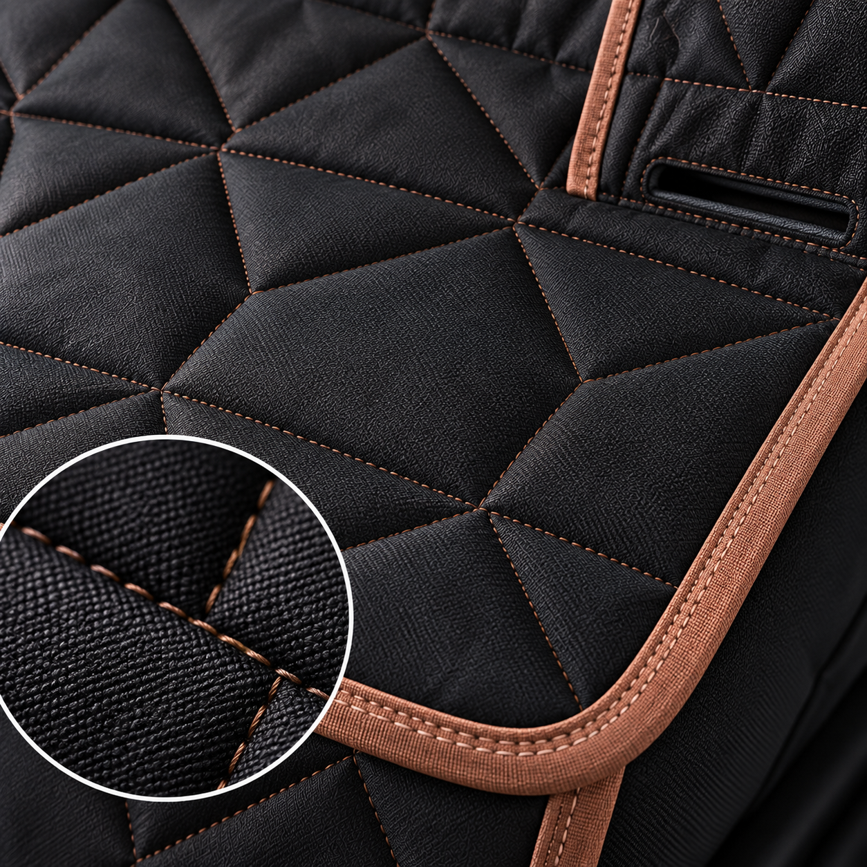 Close-up of black quilting and tan edging on a dog car seat cover