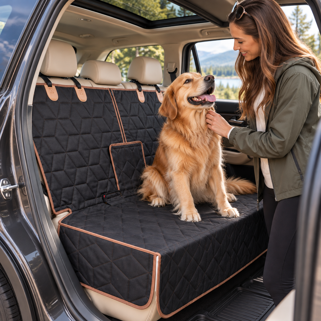 Owner beside a Golden Retriever sitting on a protected rear seat