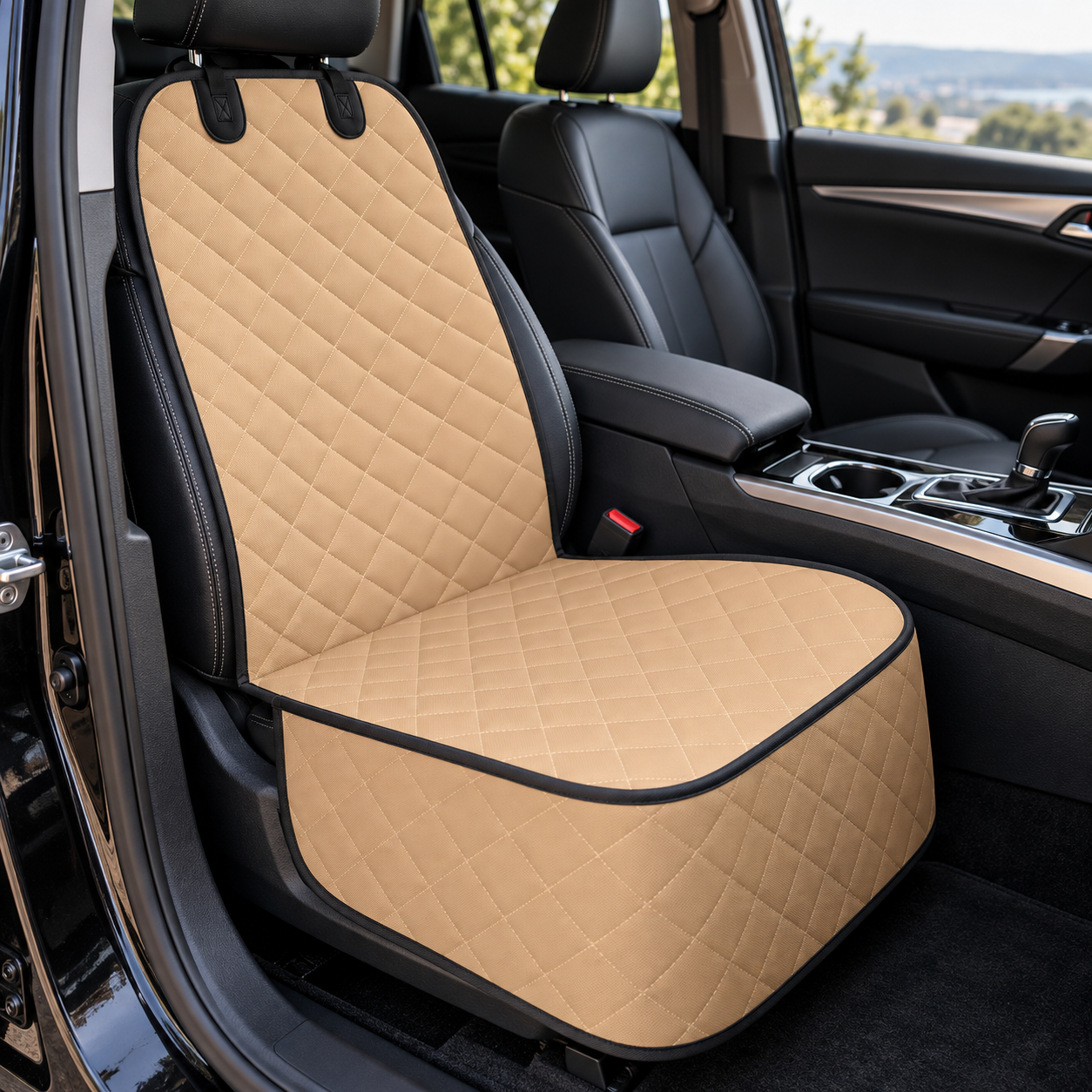 Tan quilted cover fitted on a car's front passenger seat
