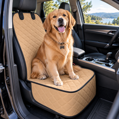 Golden Retriever sitting on a tan front-seat cover