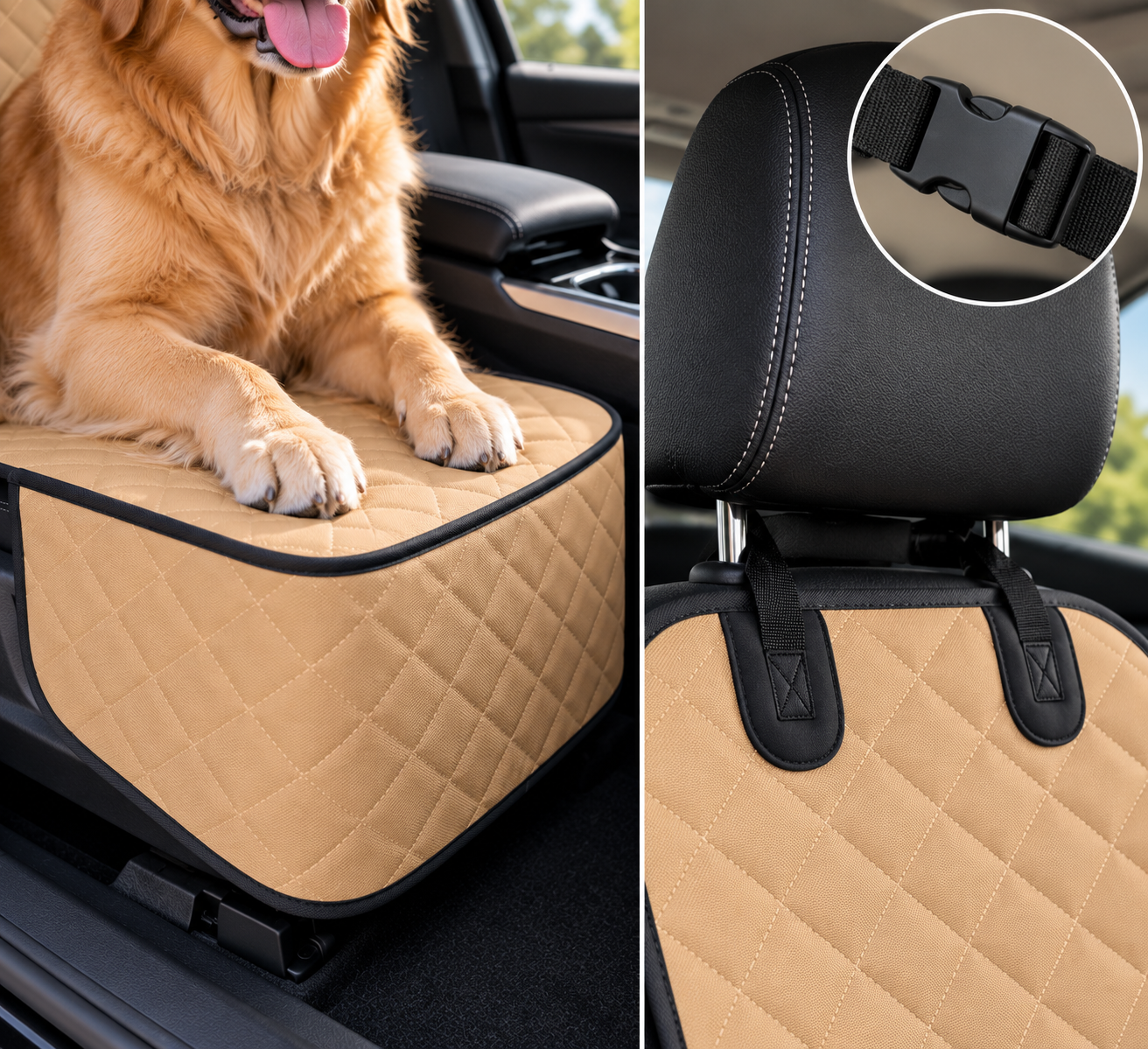 Dog's paws and headrest attachment details on a tan seat cover
