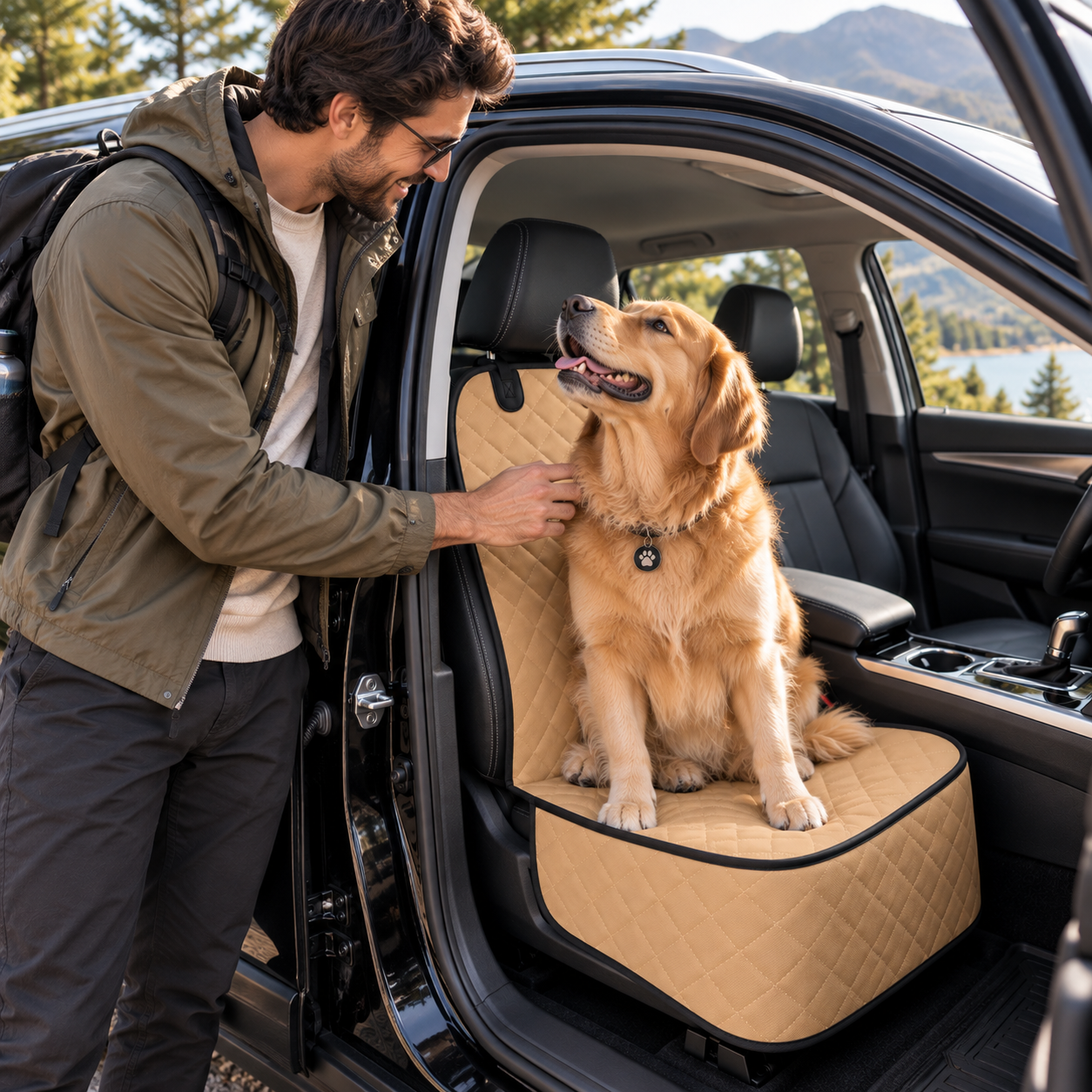 Owner and Golden Retriever beside a tan protected passenger seat