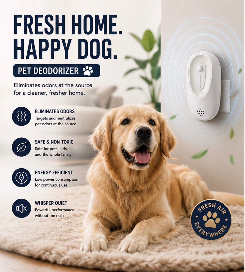Wall-mounted pet deodoriser beside a Golden Retriever
