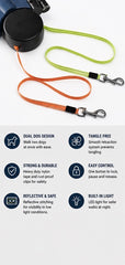 Retractable double dog lead with colour options and product details
