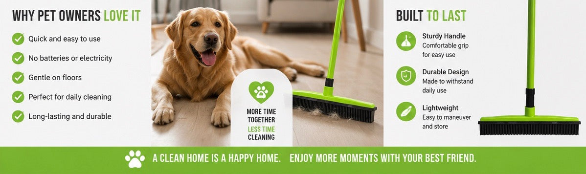 Pet hair broom shown with owner and dog