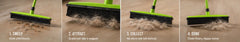 Green pet hair broom sweeping across different floor surfaces