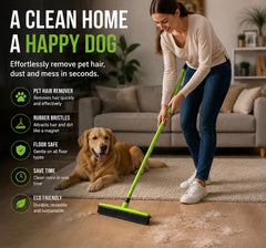 Owner using a green pet hair broom beside a dog