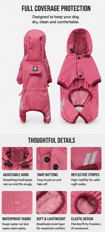 Front and back views of a pink dog raincoat with construction details