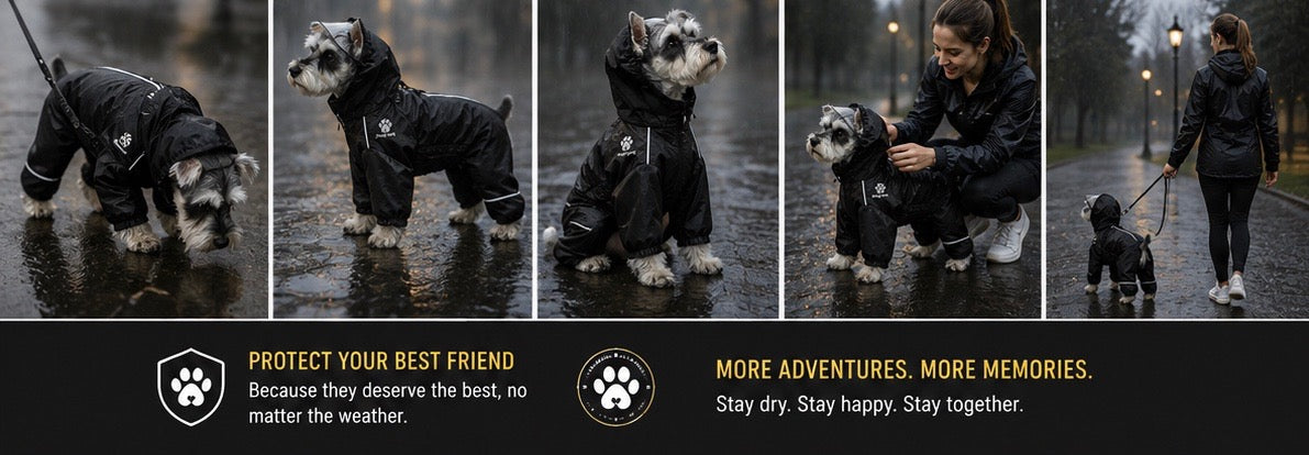 Black dog raincoat shown during a rainy walk