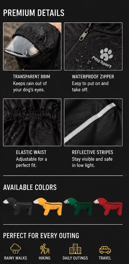 Black dog raincoat construction details and colour illustrations