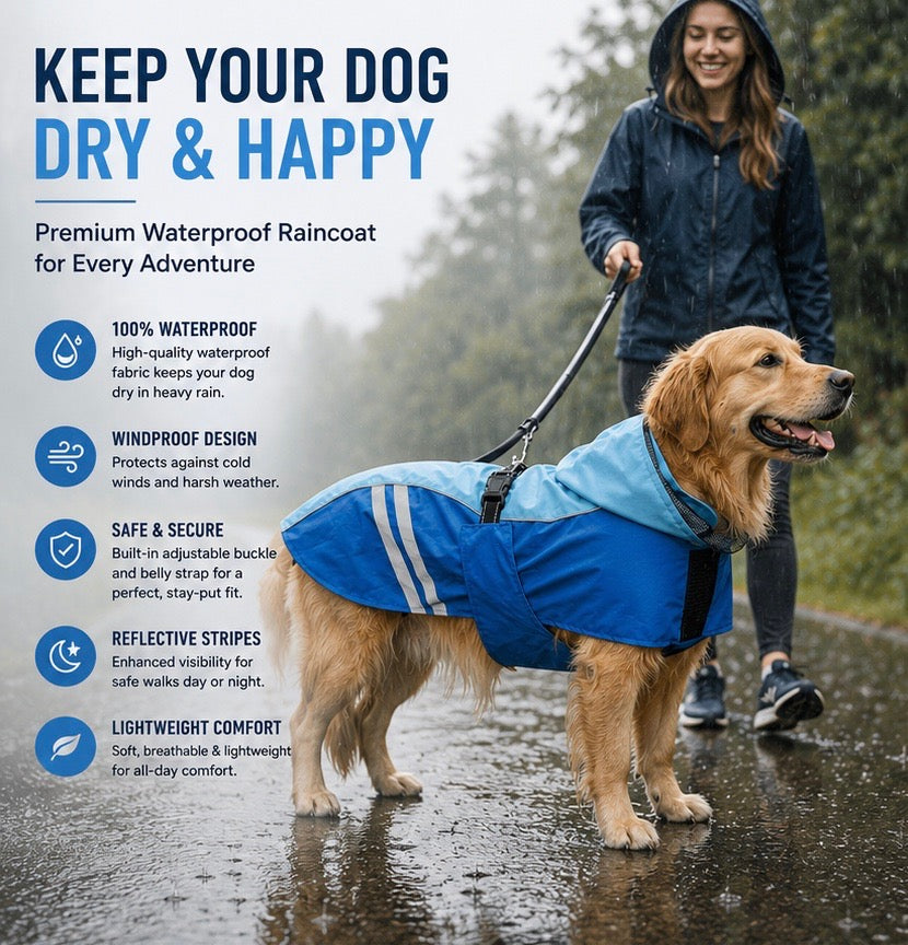 Golden Retriever wearing a blue raincoat on a rainy walk