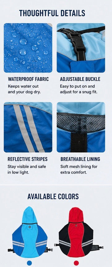 Blue dog raincoat fabric and hood details with colour illustrations