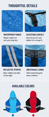 Blue dog raincoat fabric and hood details with colour illustrations