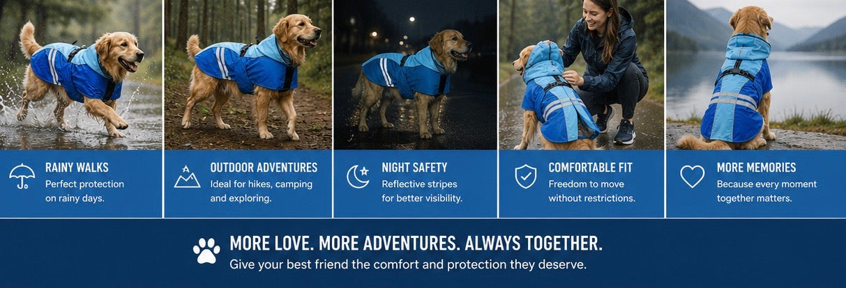 Blue dog raincoat shown during outdoor walks
