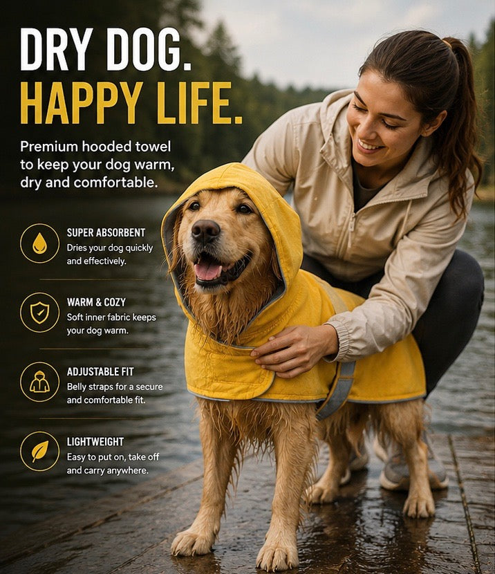 Owner adjusting a yellow hooded raincoat on a Golden Retriever