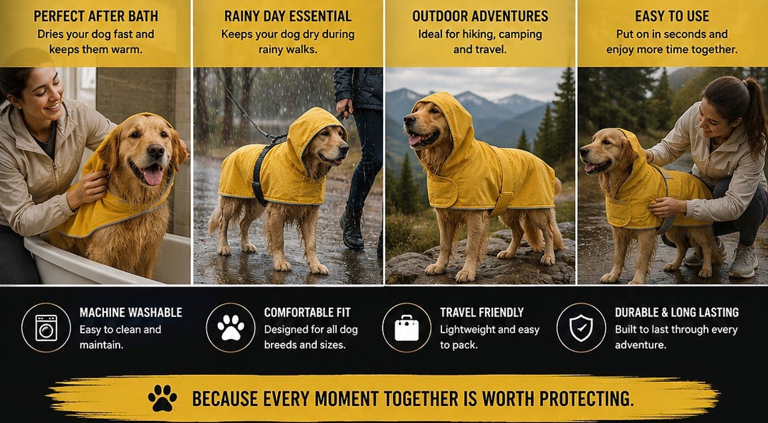 Yellow dog raincoat shown on walks and during fitting