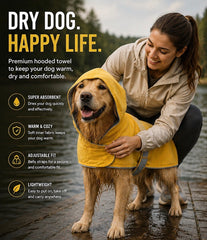 Owner adjusting a yellow hooded raincoat on a Golden Retriever