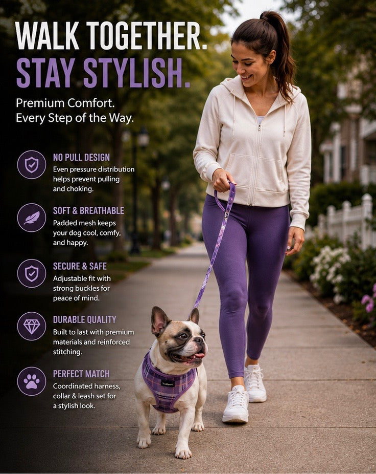 Owner walking a small dog in a purple harness set