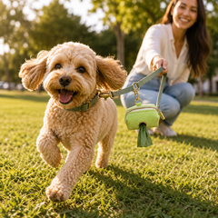 Dog and owner outdoors with a green corduroy bag holder