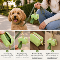 Green corduroy waste bag holder with zipper and clip details