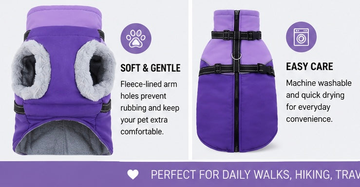 Purple fleece dog coat showing lining and harness construction