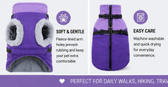 Purple fleece dog coat showing lining and harness construction