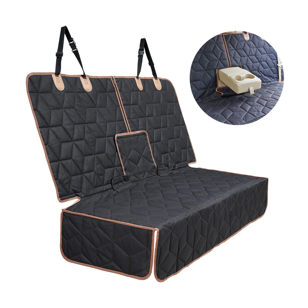 Black rear-seat cover with tan trim, straps and centre opening