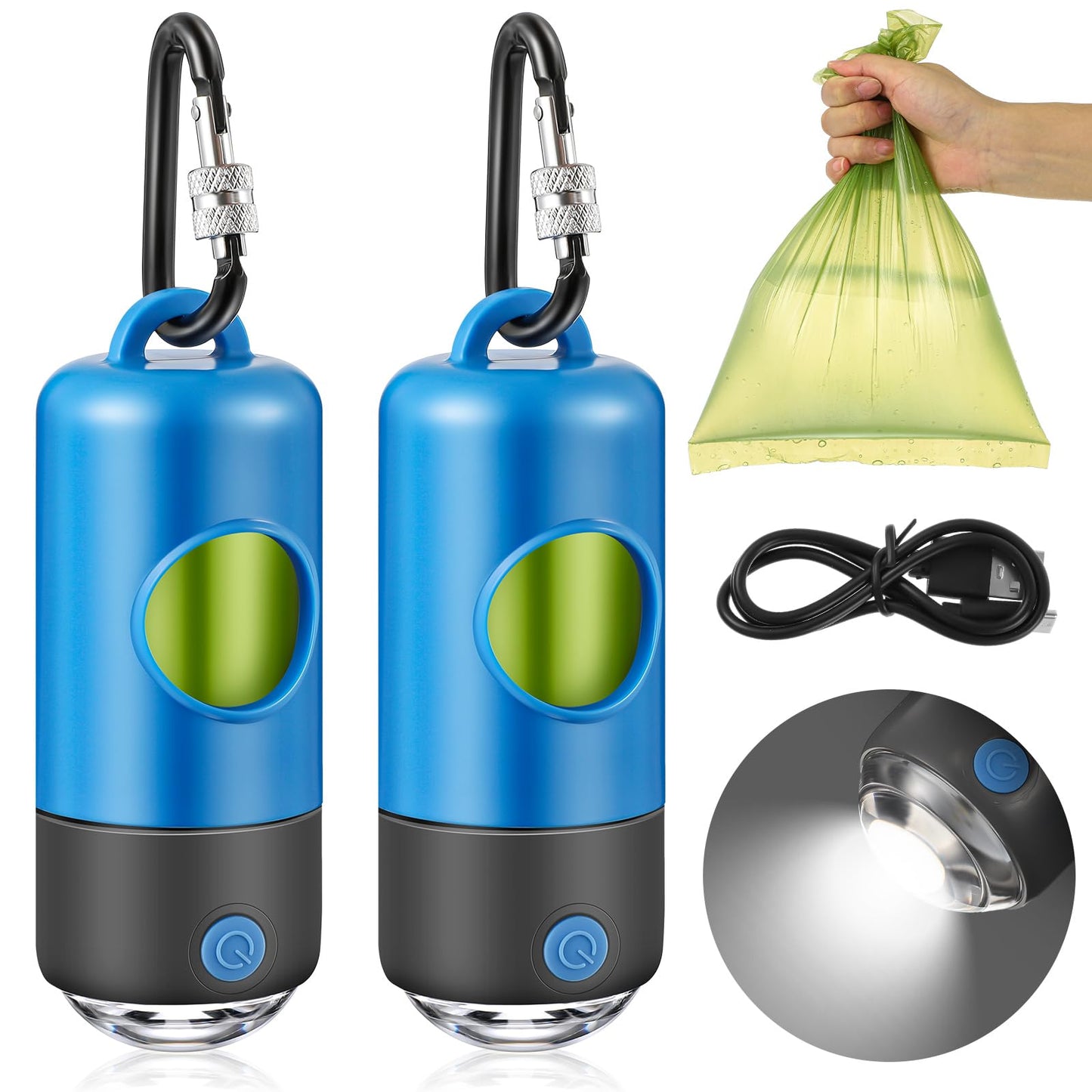 Moinchore 2 Rolls 30 Bags Dog Poop Bag Dispenser with Rechargeable USB Built-in LED Flashlight Dog Waste Bag Holders with Clips Dog Waste Bag Holder Pet Waste Bags for Pet Walking Accessories(Blue)