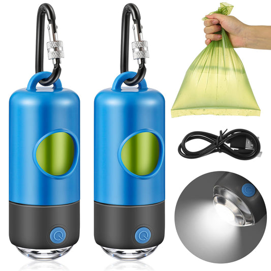 Moinchore 2 Rolls 30 Bags Dog Poop Bag Dispenser with Rechargeable USB Built-in LED Flashlight Dog Waste Bag Holders with Clips Dog Waste Bag Holder Pet Waste Bags for Pet Walking Accessories(Blue)