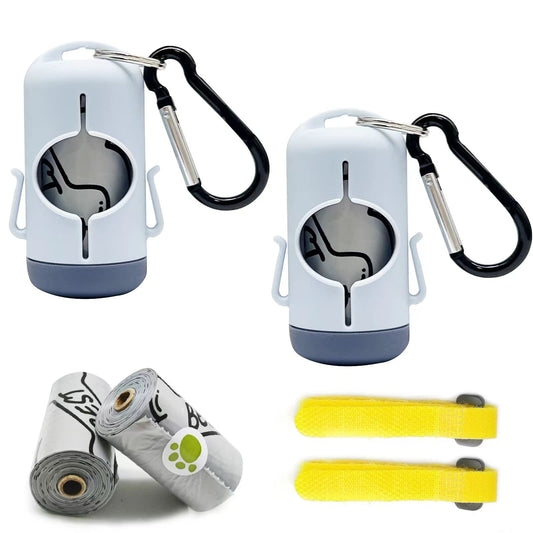 YUCHIYA Dog Poop Bags Holder with Leash Clip and Adjustable Strap Dog Poo Bags Dispenser with 2 Side Hooks for Used Dog Waste Bags (2 Holders 30 Bags Blue Grey)